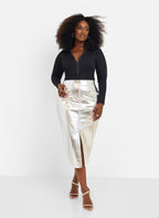 Lana Metallic Zipper Front Midi Bodycon Skirt - Silver Croc