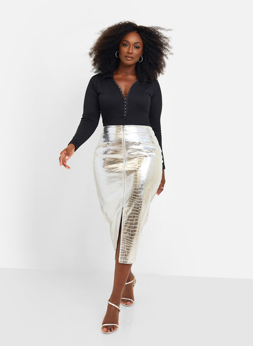 Lana Metallic Zipper Front Midi Bodycon Skirt - Silver Croc