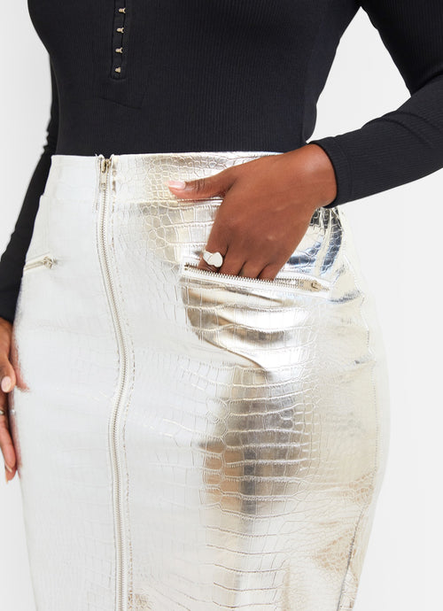 Lana Metallic Zipper Front Midi Bodycon Skirt - Silver Croc