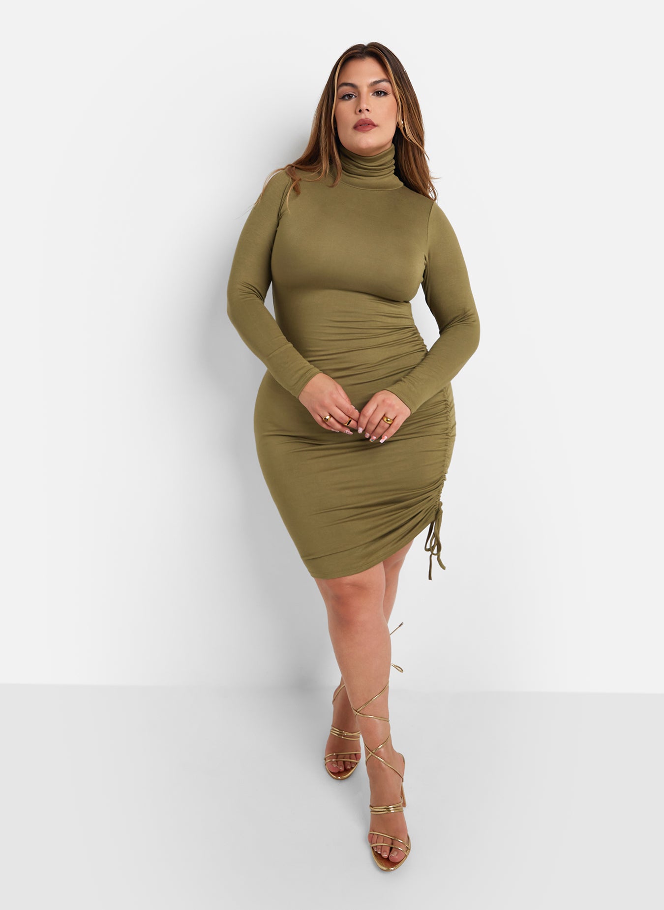 Laney Turtleneck Ruched Mini Bodycon Dress - Olive