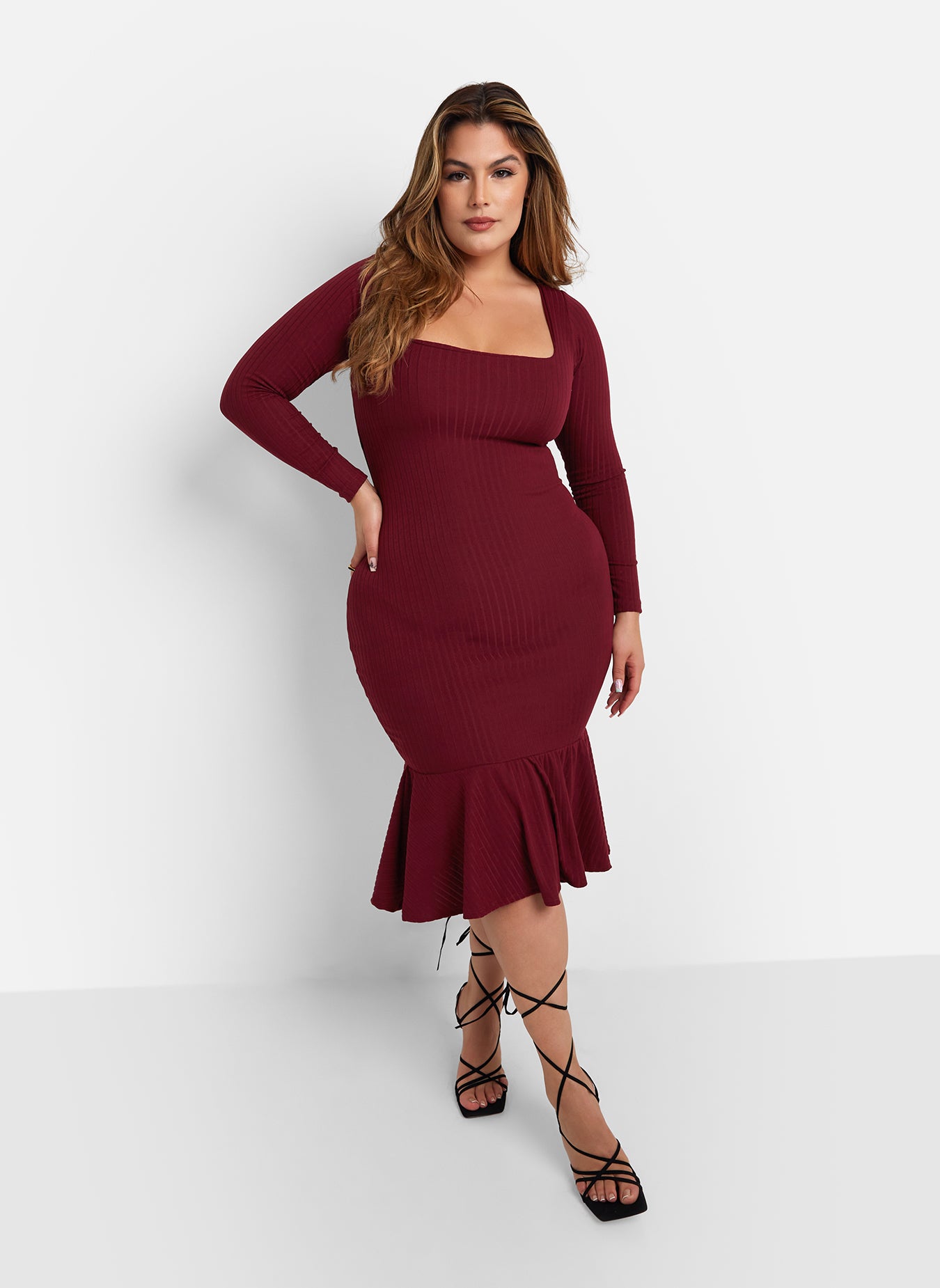 Larisa Ribbed Fit & Flare Midi Bodycon Dress - Wine