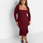 Larisa Ribbed Fit & Flare Midi Bodycon Dress - Wine