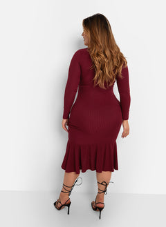Larisa Ribbed Fit & Flare Midi Bodycon Dress - Wine