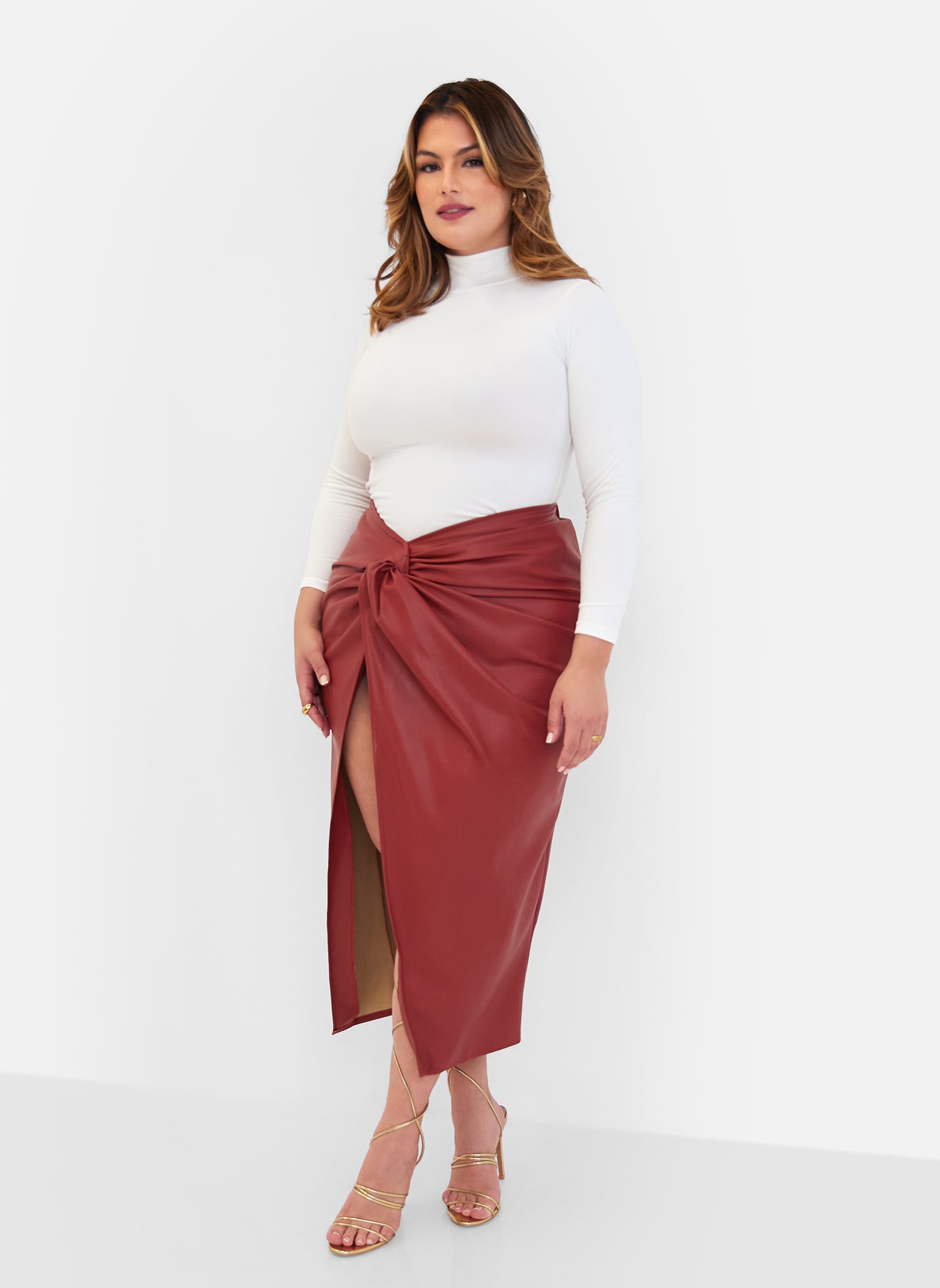 Larsa Vegan Leather Thigh Slit Maxi Bodycon Skirt - Burgundy