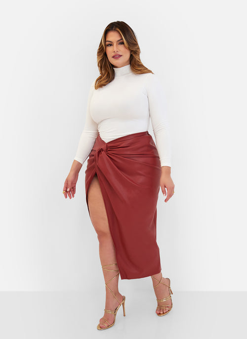 Larsa Vegan Leather Thigh Slit Maxi Bodycon Skirt - Burgundy