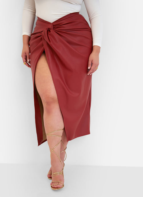 Larsa Vegan Leather Thigh Slit Maxi Bodycon Skirt - Burgundy