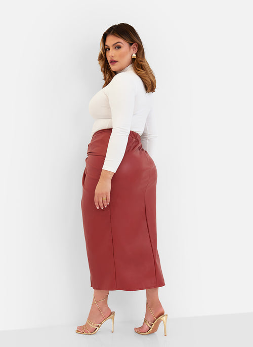 Larsa Vegan Leather Thigh Slit Maxi Bodycon Skirt - Burgundy