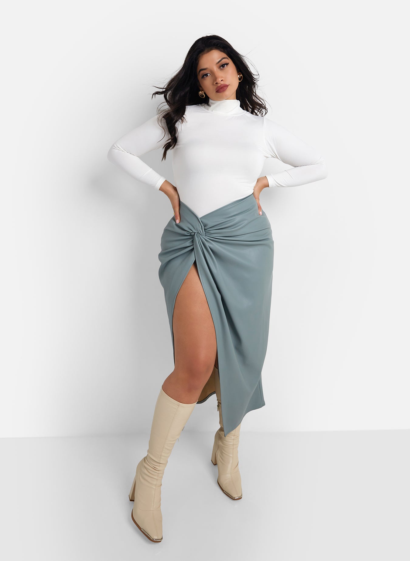 Larsa Vegan Leather Thigh Slit Maxi Bodycon Skirt - Steel Blue