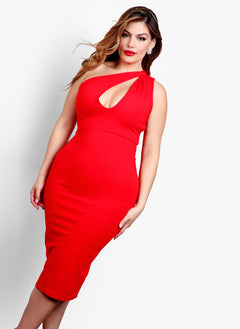 Little Sneak Peak One Shoulder Keyhole Bodycon Midi Dress - Red