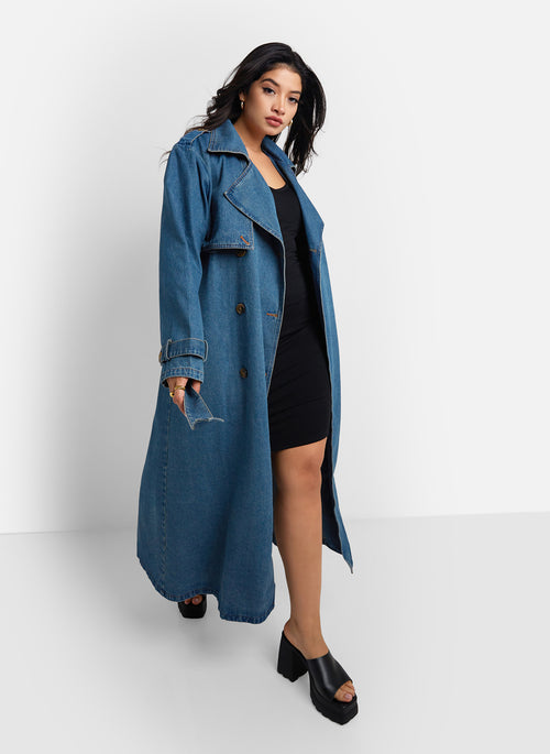 Livie Denim Longline Trench Coat - Medium Blue