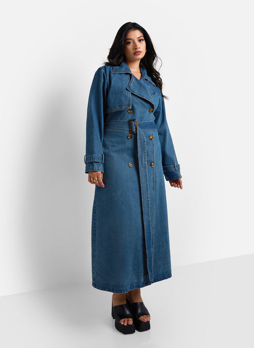 Livie Denim Longline Trench Coat - Medium Blue