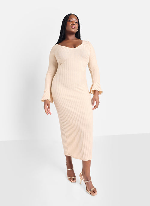 Lumi Knit Ribbed Bell Sleeve Maxi Bodycon Dress - Ivory