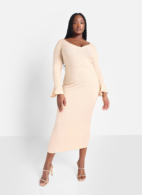 Lumi Knit Ribbed Bell Sleeve Maxi Bodycon Dress - Ivory