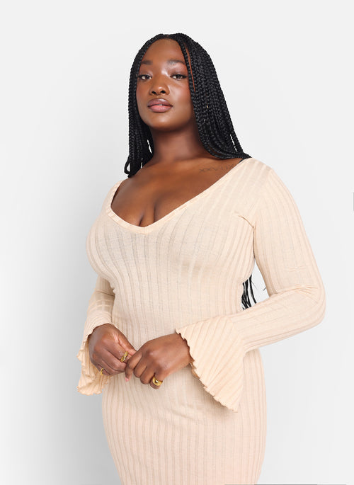 Lumi Knit Ribbed Bell Sleeve Maxi Bodycon Dress - Ivory