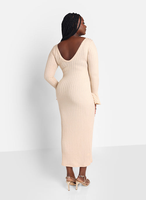 Lumi Knit Ribbed Bell Sleeve Maxi Bodycon Dress - Ivory