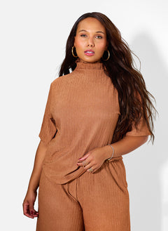 Monique Textured Oversized Short Sleeve Top - Brown