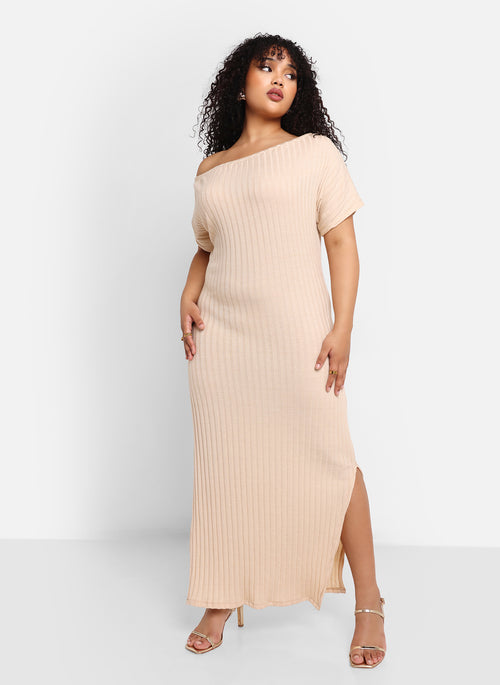 Maci Ribbed Knit Off Shoulder Maxi Slip Dress - Ivory