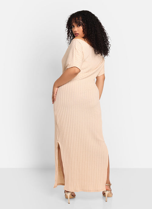 Maci Ribbed Knit Off Shoulder Maxi Slip Dress - Ivory