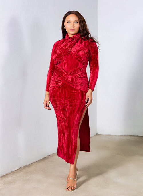 Marley Distressed Velvet High Slit Maxi Dress