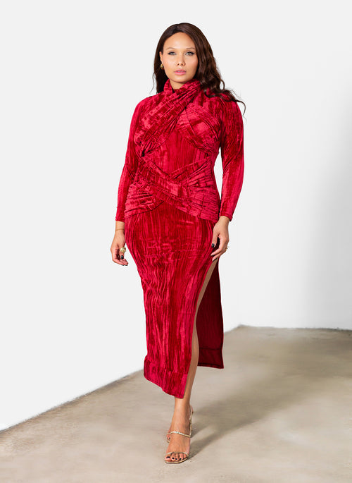 Marley Distressed Velvet High Slit Maxi Dress