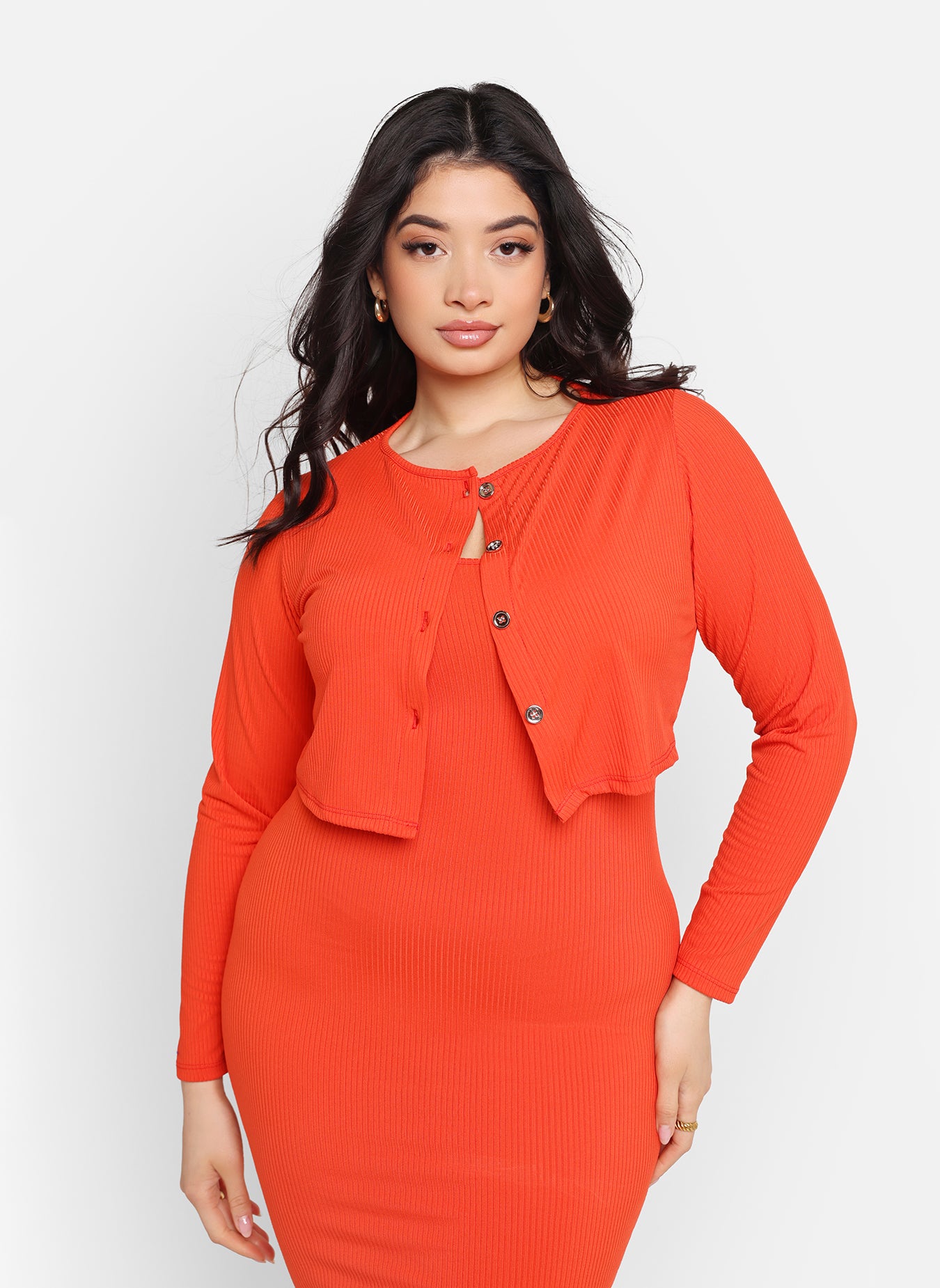 Marnie Ribbed Button Front Cropped Cardigan - Coral