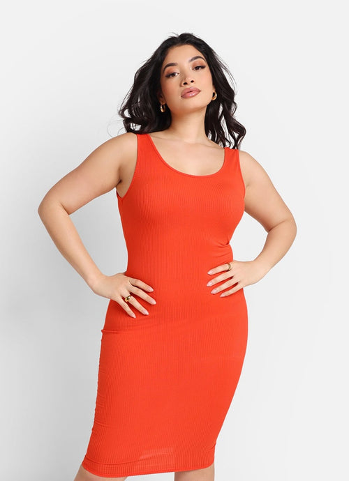 Marnie Ribbed Strappy Midi Bodycon Dress - Coral