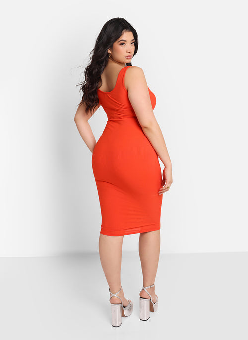 Marnie Ribbed Strappy Midi Bodycon Dress - Coral