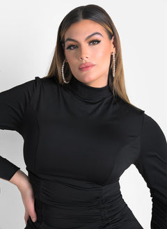 Me Too Turtleneck Long Sleeve Cinched Mini Dress- Black