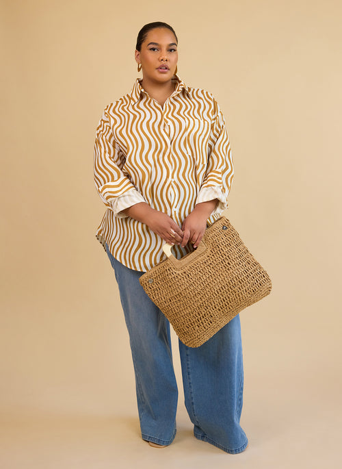 Tori Linen Wavy Stripe Button Up Blouse