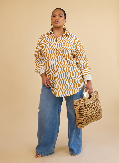 Tori Linen Wavy Stripe Button Up Blouse