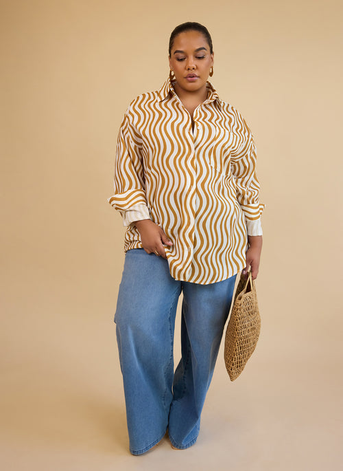 Tori Linen Wavy Stripe Button Up Blouse