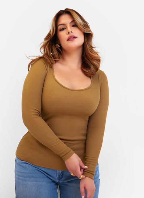 Mindy Ribbed V Neck Long Sleeve Top - Khaki