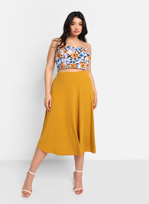 Jeanne Ribbed Midi A Line Skirt - Mustard