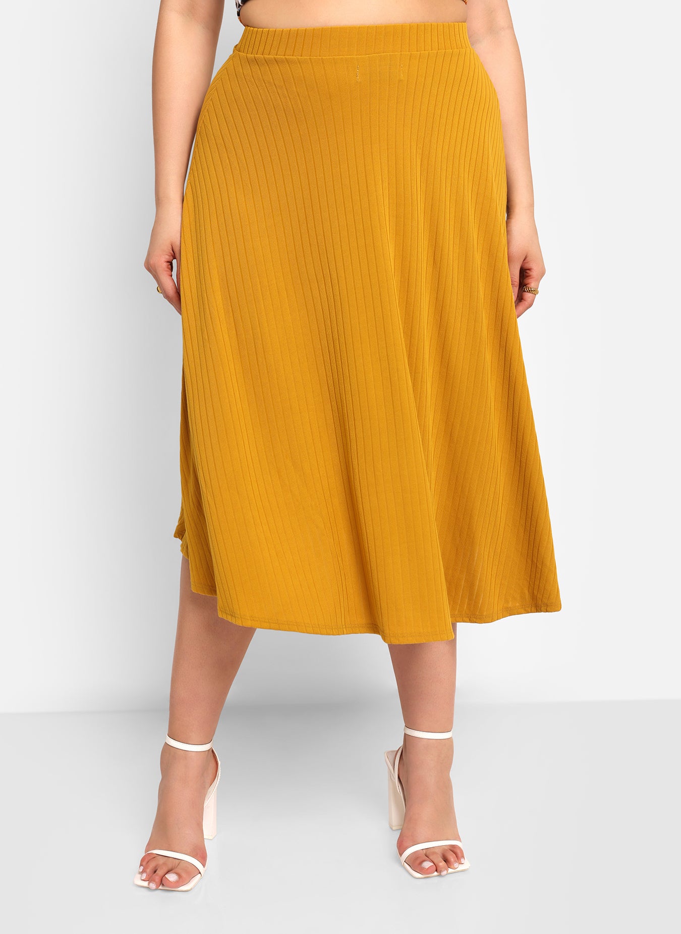 Jeanne Ribbed Midi A Line Skirt - Mustard