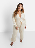 Mona Knit Tie Belt Wide Leg Jumpsuit - Ivory