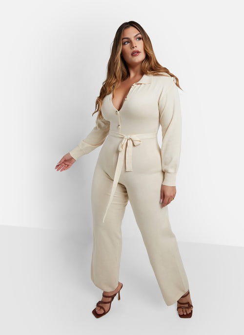 Mona Knit Tie Belt Wide Leg Jumpsuit - Ivory