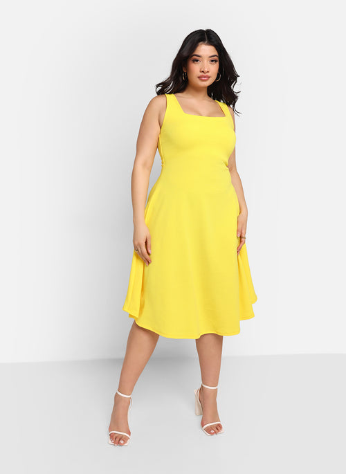 Nathalie Square Neck Midi A Line Dress - Bright Yellow