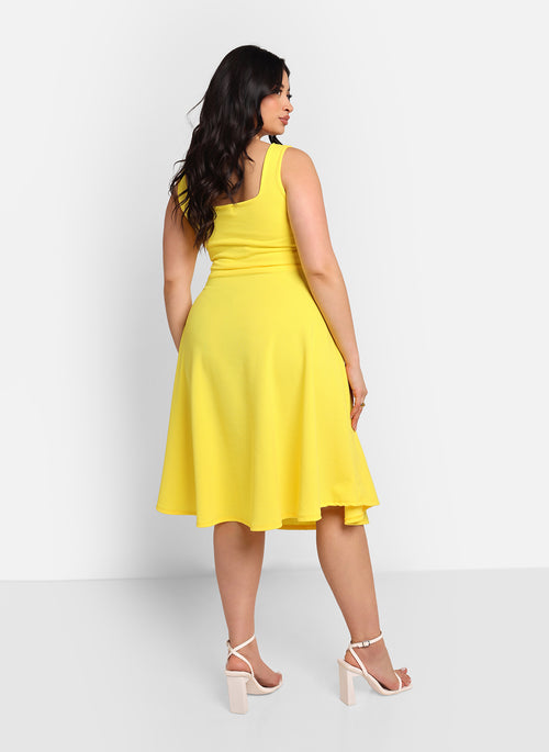 Nathalie Square Neck Midi A Line Dress - Bright Yellow