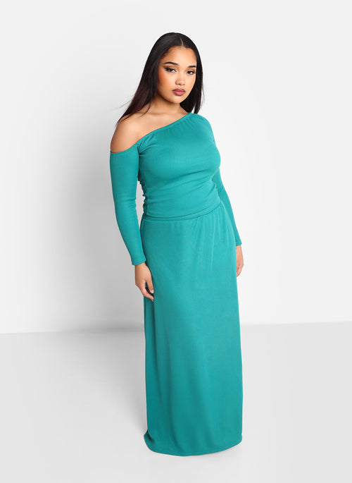 Olga Ribbed Off Shoulder Top - Teal