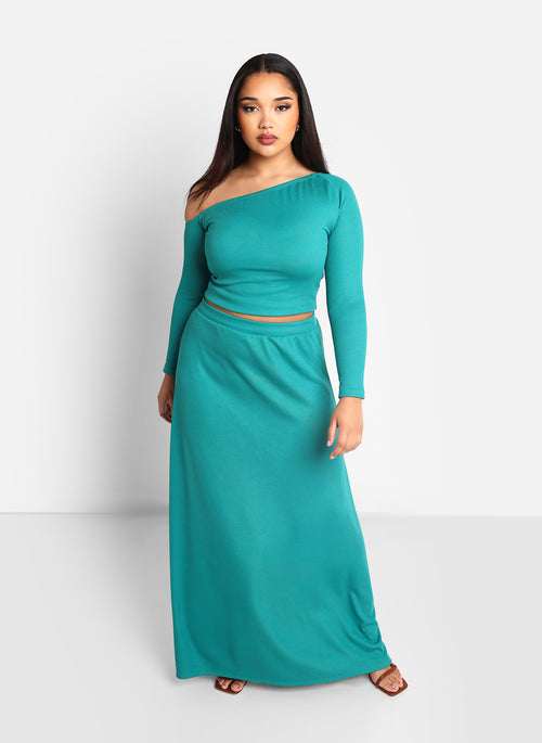 Olga Ribbed Off Shoulder Top - Teal