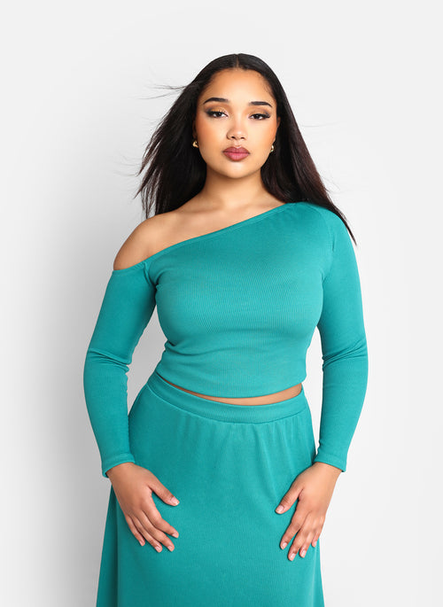 Olga Ribbed Off Shoulder Top - Teal