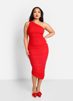 Paris Mesh One Shoulder Asymmetrical Midi Bodycon Dress - Cherry