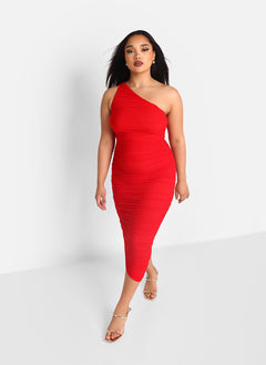 Paris Mesh One Shoulder Asymmetrical Midi Bodycon Dress - Cherry