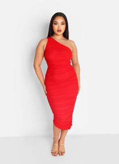 Paris Mesh One Shoulder Asymmetrical Midi Bodycon Dress - Cherry