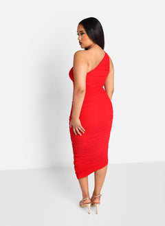 Paris Mesh One Shoulder Asymmetrical Midi Bodycon Dress - Cherry