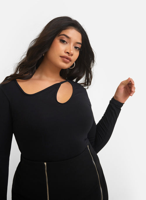 Piece of You Cut Out Long Sleeve Bodysuit - Black