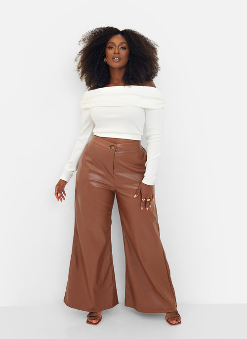 Yolanda Faux Leather Wide Leg Pants - Chocolate