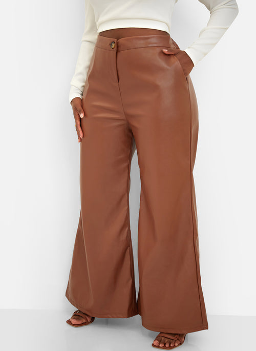 Yolanda Faux Leather Wide Leg Pants - Chocolate