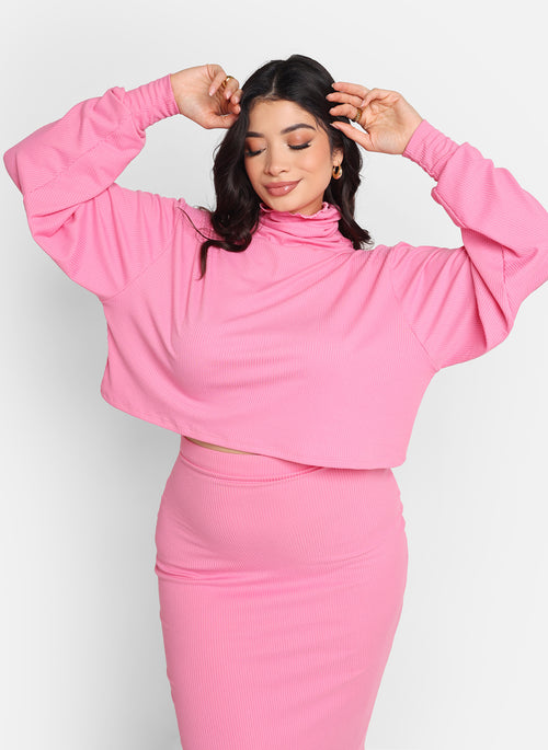 Poppy Ribbed Oversized Turtleneck Top - Bubblegum Pink