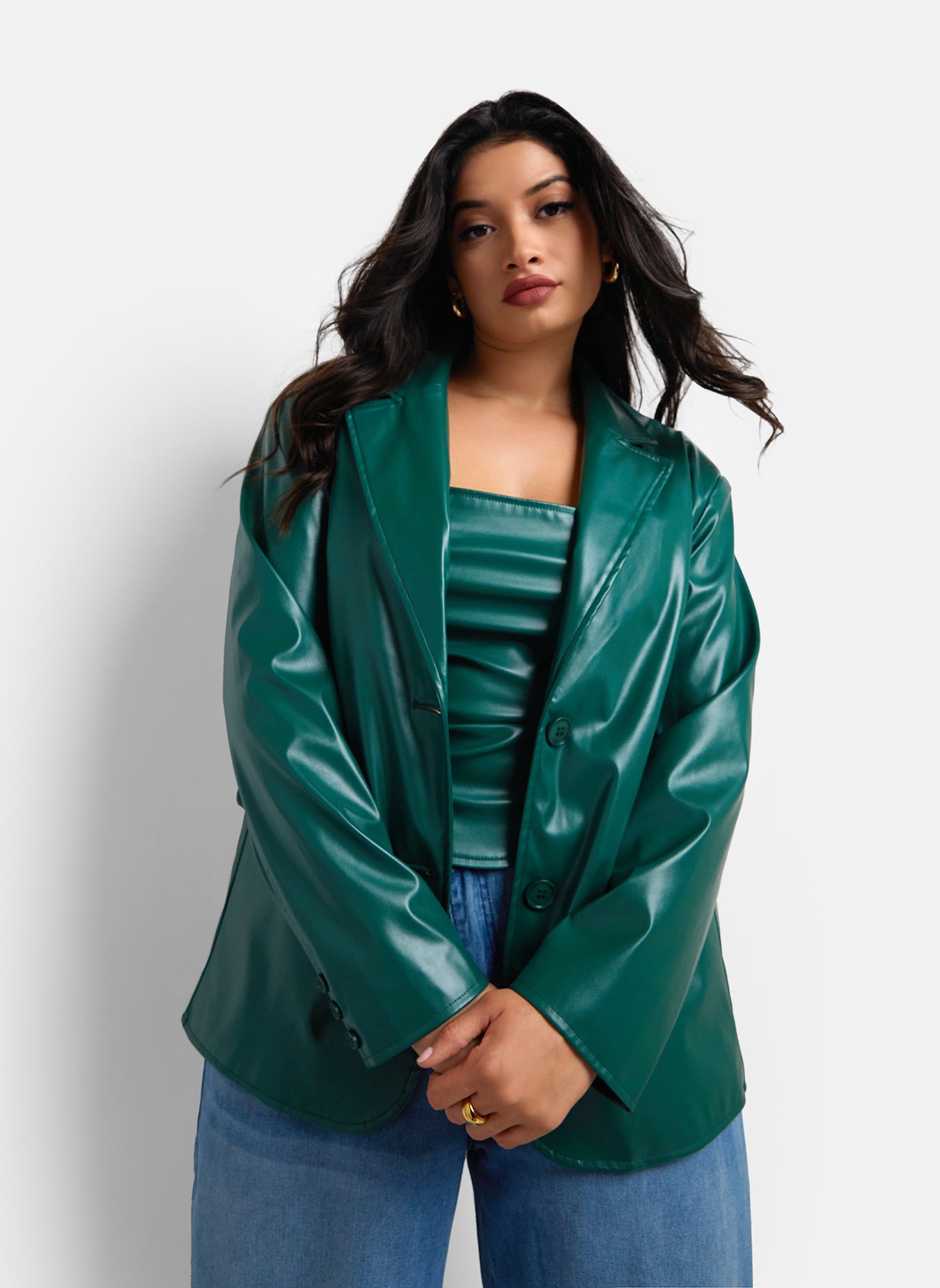 Rochelle Vegan Leather Oversized Blazer - Pine Green
